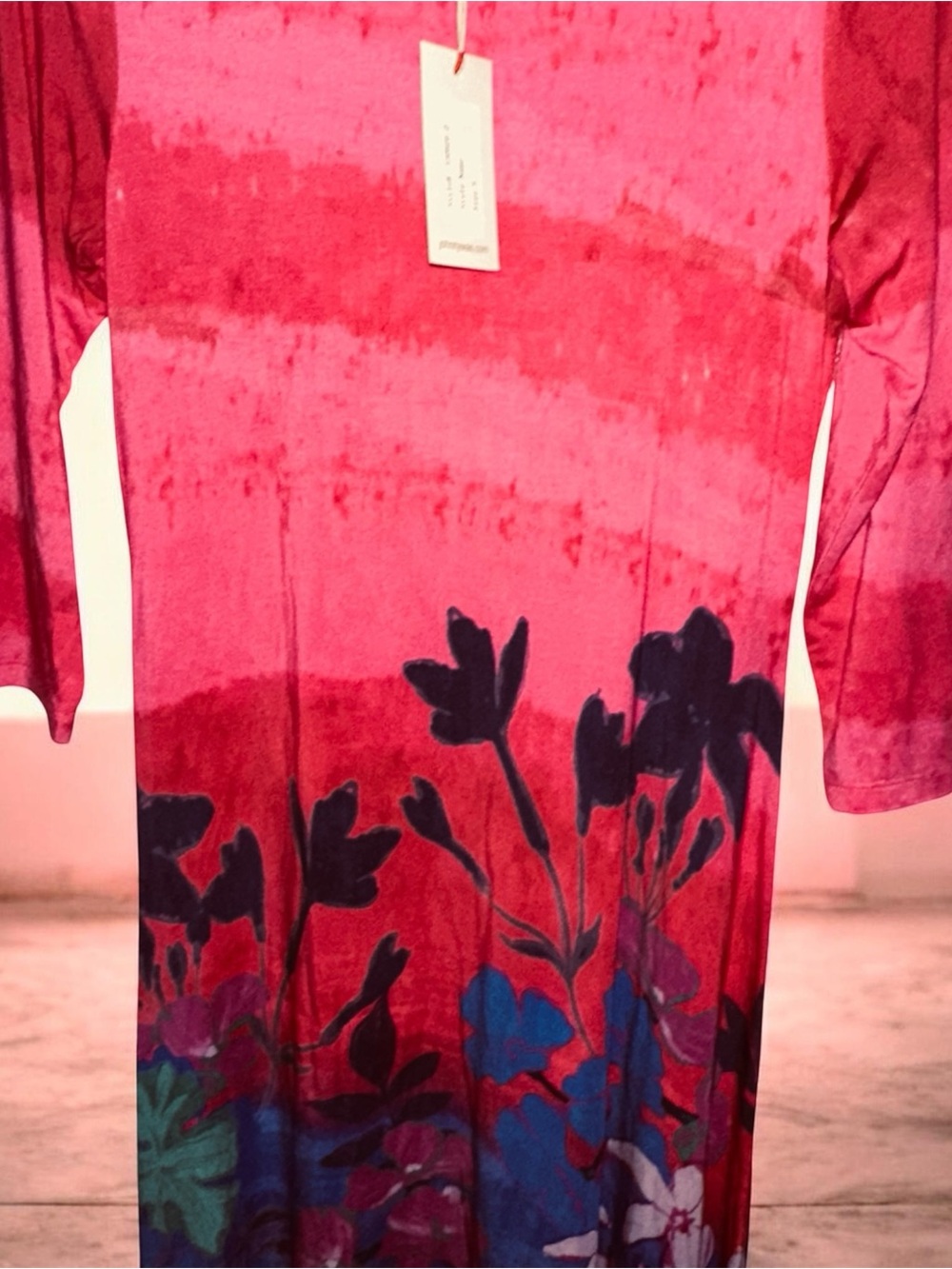 Johnny Was Hot Pink Floral Midi Dress with Blue & Purple Garden Motif PTP 17 - Picture 5 of 7